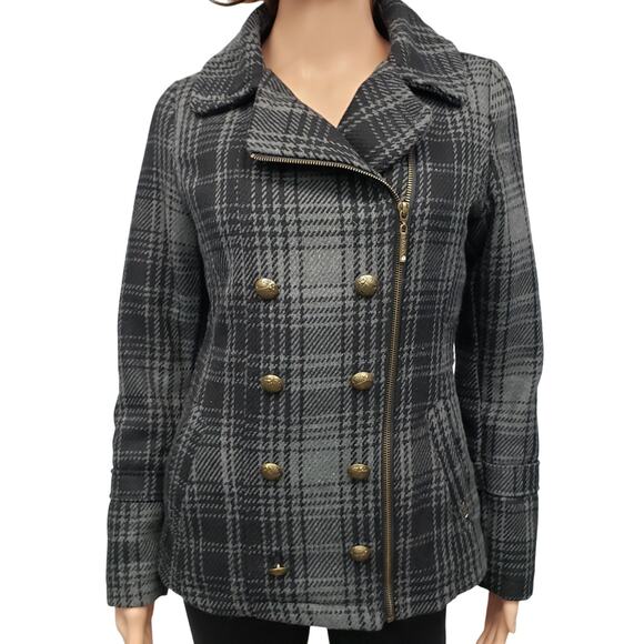 XOXO Faux Double Breasted Asymmetrical zip up Plaid Wool Blend Jacket Coat S - Picture 3 of 14